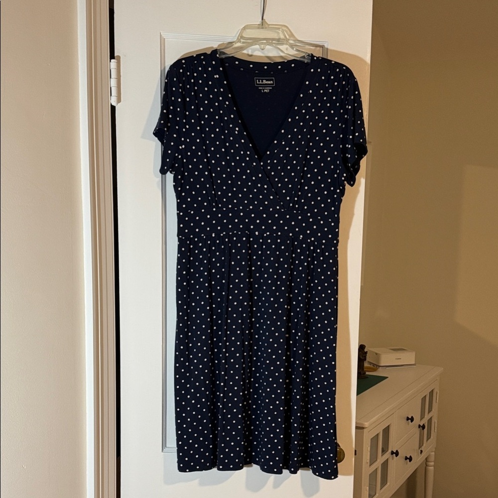 L.L. Bean Navy Polka Dot Surplice V-neck Rayon Knit Midi Dress, size PL